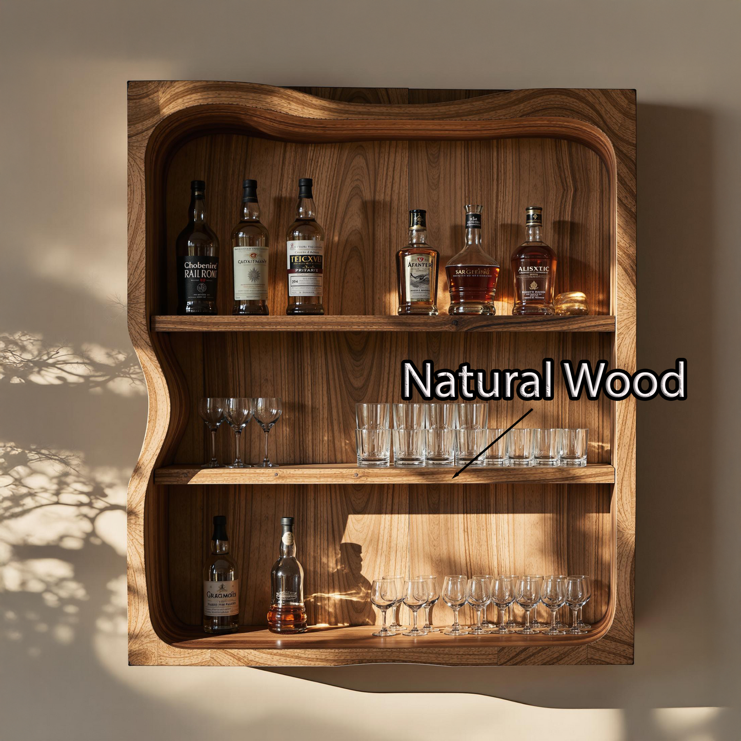 Cavola Rustic Natural Wood Wine Bar Shelf for Living Room
