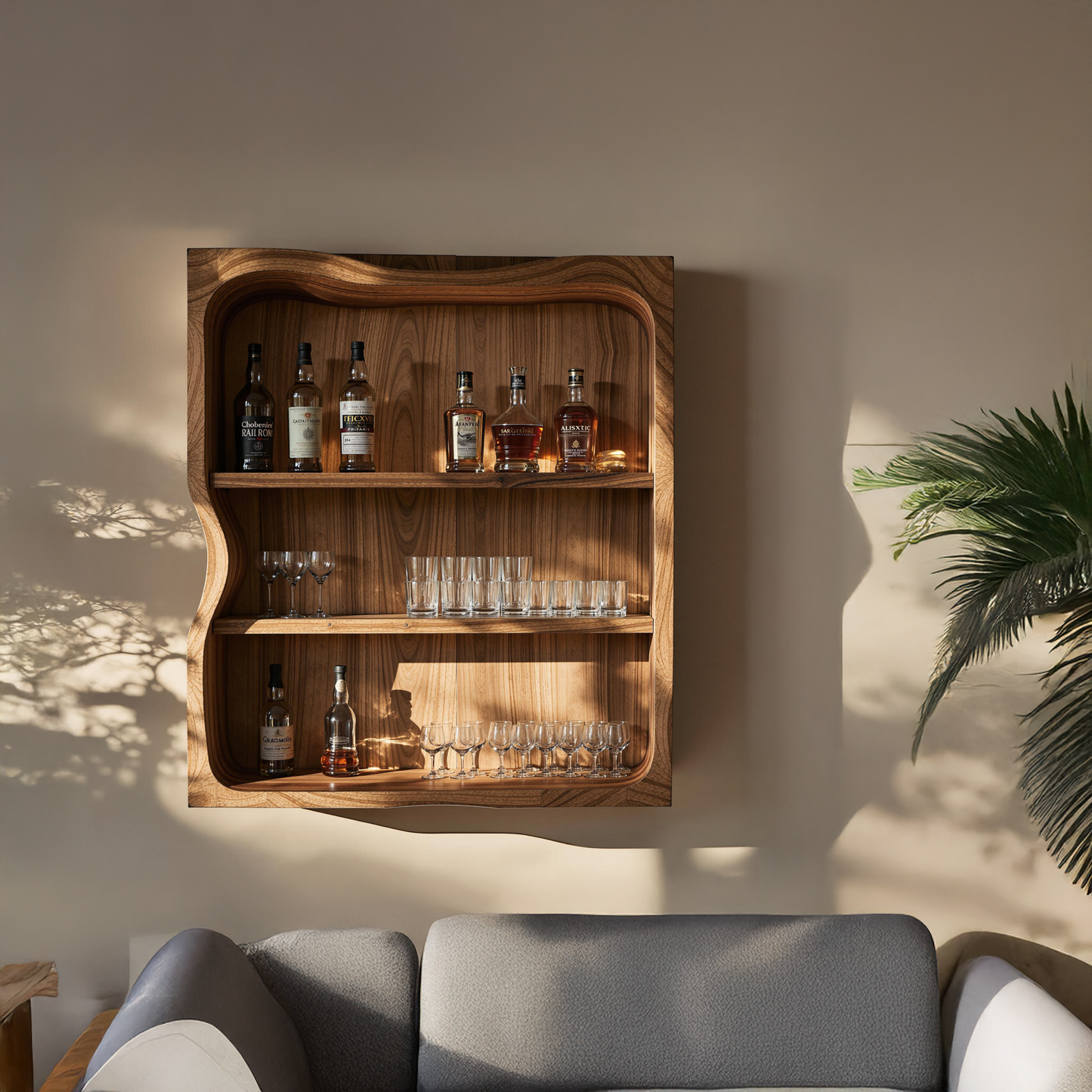 Cavola Rustic Natural Wood Wine Bar Shelf for Living Room