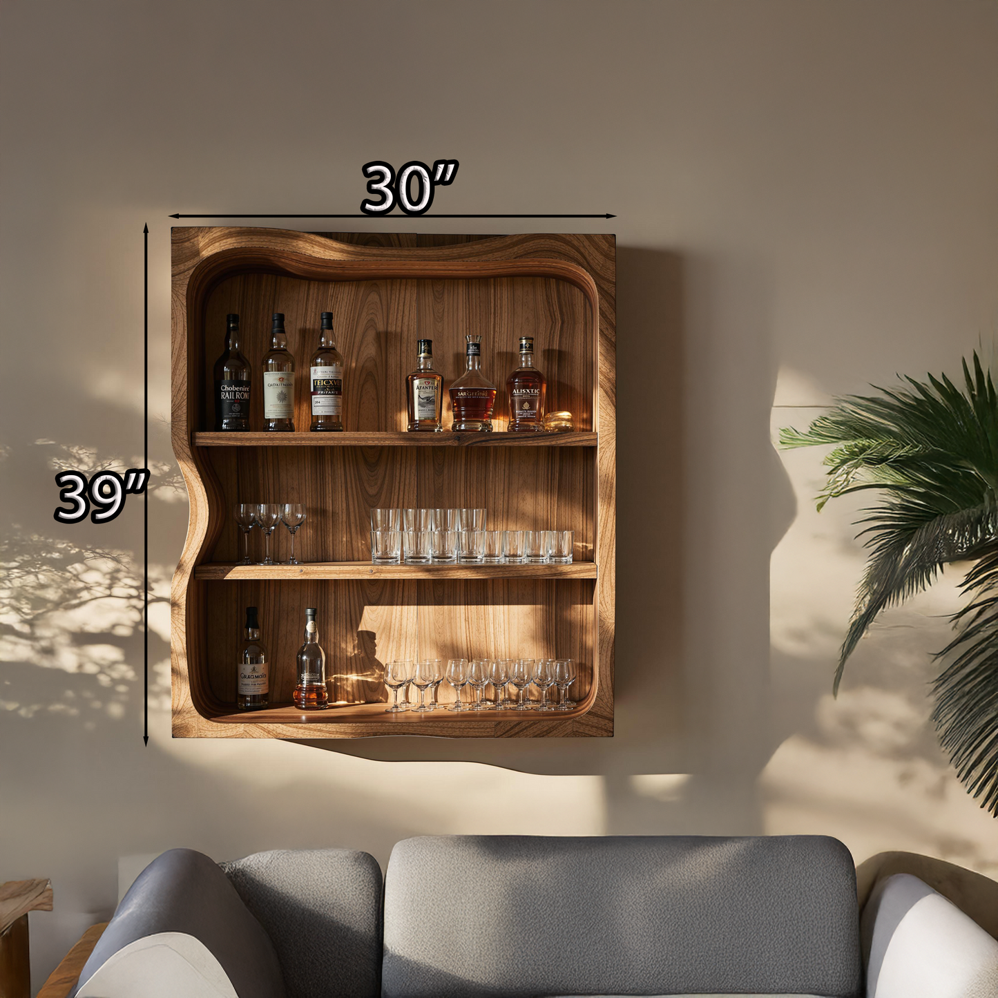 Cavola Rustic Natural Wood Wine Bar Shelf for Living Room